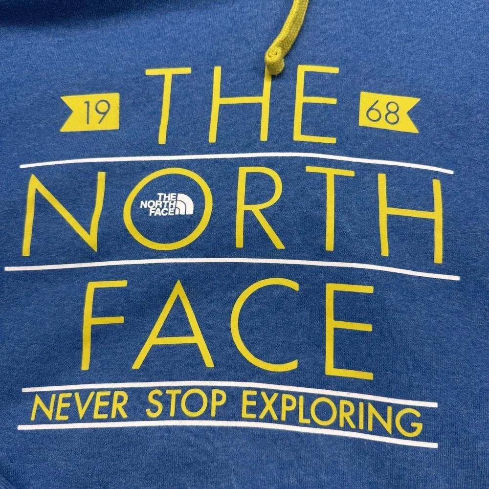 The North Face Hoodie Mens XL Blue Yellow Never Stop Exploring Pullover Fleece